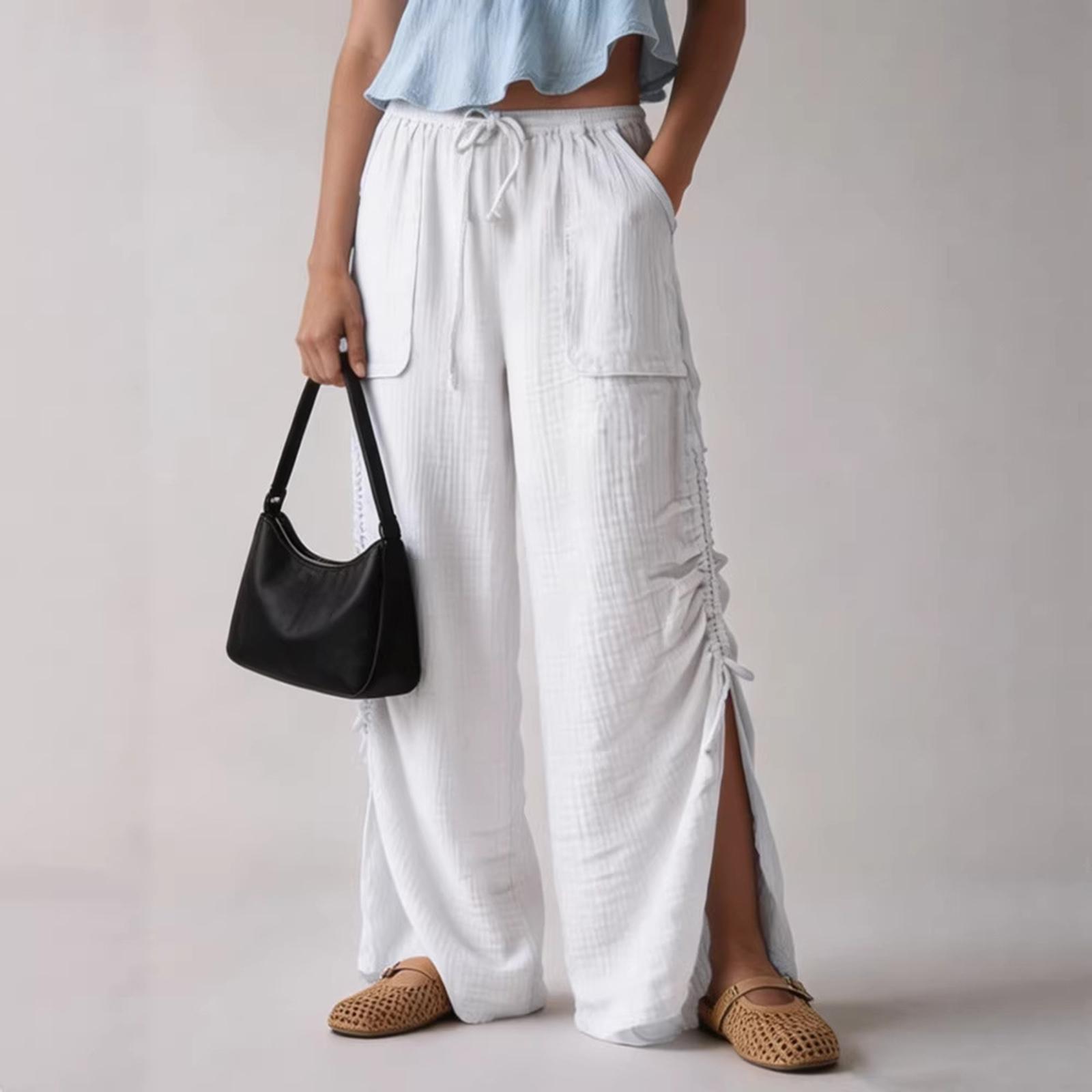 

Women s Casual Drawstring Linen Wide Leg Pants, Elastic Waist Ruched Side Split Palazzo Trousers With Pockets, Summer Loose Fit Pants XL білий