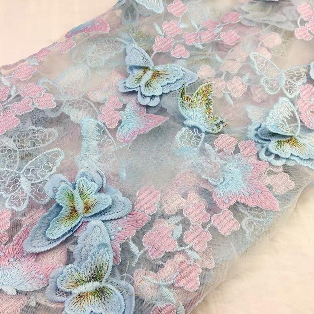 

New multi-color 3D butterfly embroidered lace fabric suitable for wedding dresses formal gowns and designer clothing fabrics 1M&1.5M