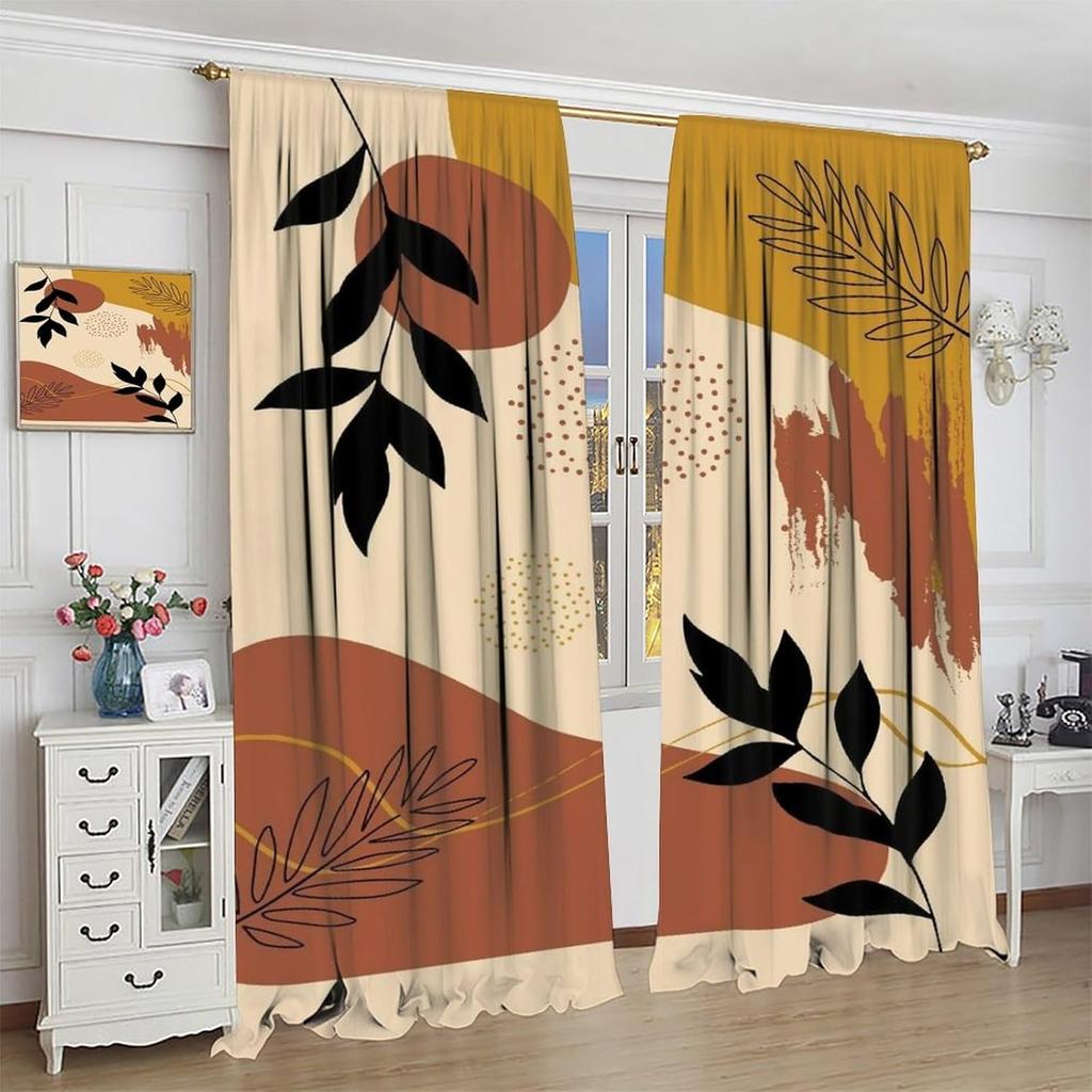 Mid Century Abstract Boho Orange Decor Curtain, Spring Summer Pink Green Nature Leaf Sun Modern Home Kitchen Livingroom Coffee