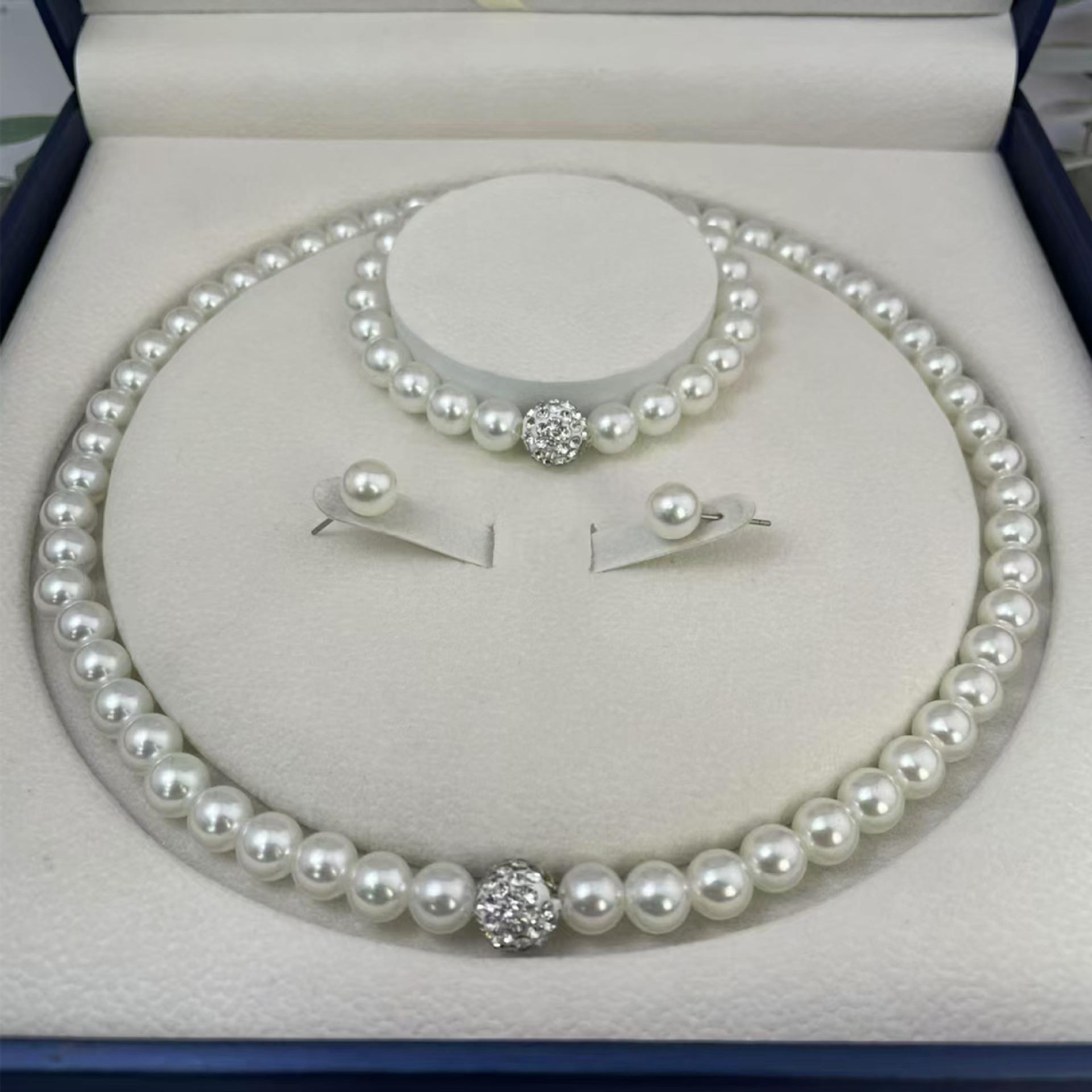 1 3 PCS Imitation Pearl Fireball Jewelry Set Necklace Bracelet Earrings Silver Crystal Bridal Elegant