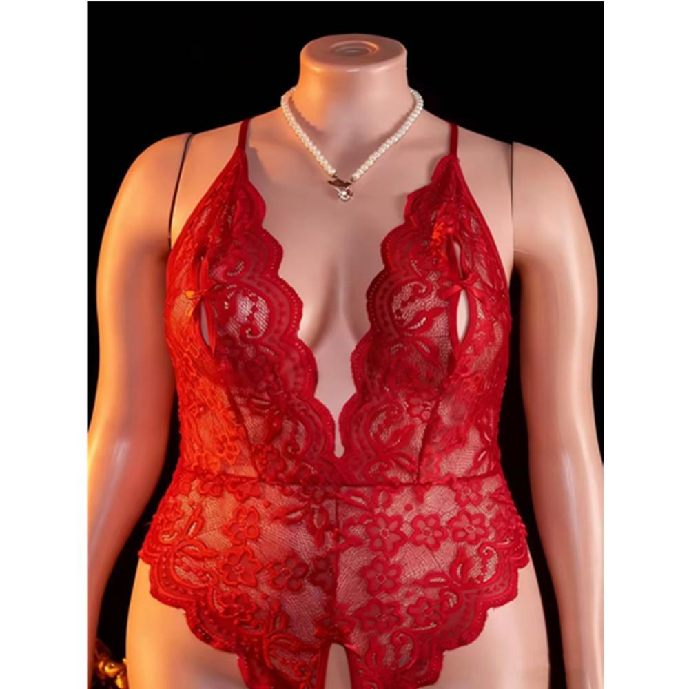 Sexy Crotchless Lingerie Women Lace Hollow Bodysuit Erotic Pajamas Teddy Babydoll Dress Deep V Open Bra Underwear Set Plus Size