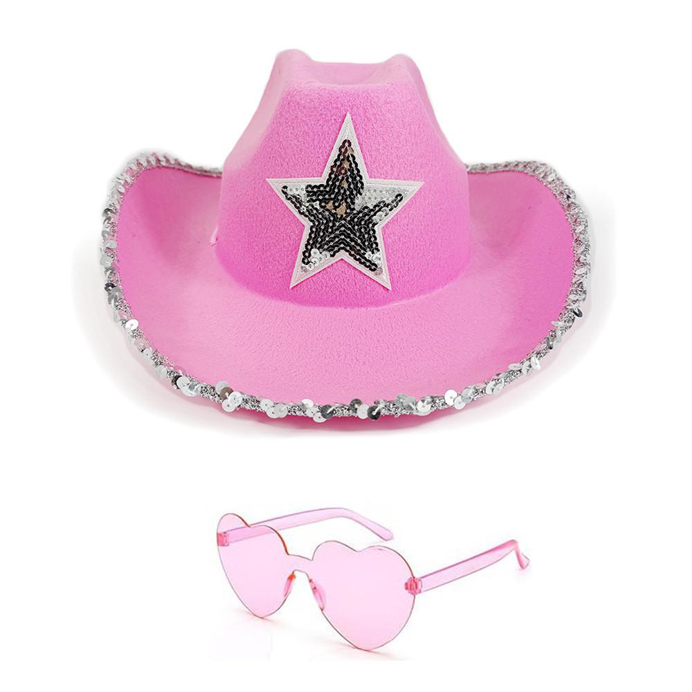 

Ковбойская шляпа с пятиконечной звездой и очками-сердечками для костюмированной вечеринки на Хэллоуин Pink Star Denim Set