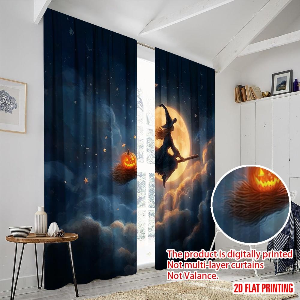 2pcs,2D plane printing Curtains Digital Printed Halloween Witch Flying Square Versatile Fabric (without rod) Versatile All Use