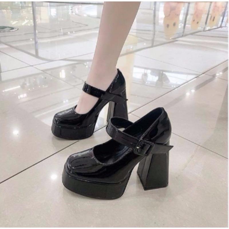 American Style Mary Jane High Heels Women's Black JK Shoes Ultra High Heel Comfortable PU Leather Fashionable Minimalist