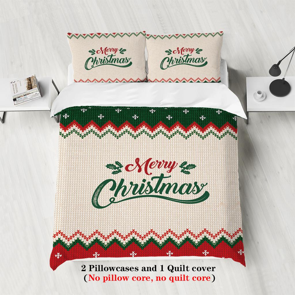 3-piece Christmas themed Merry Christmas English graphic print (1 duvet cover+2 pillowcases, no core) soft bedding set