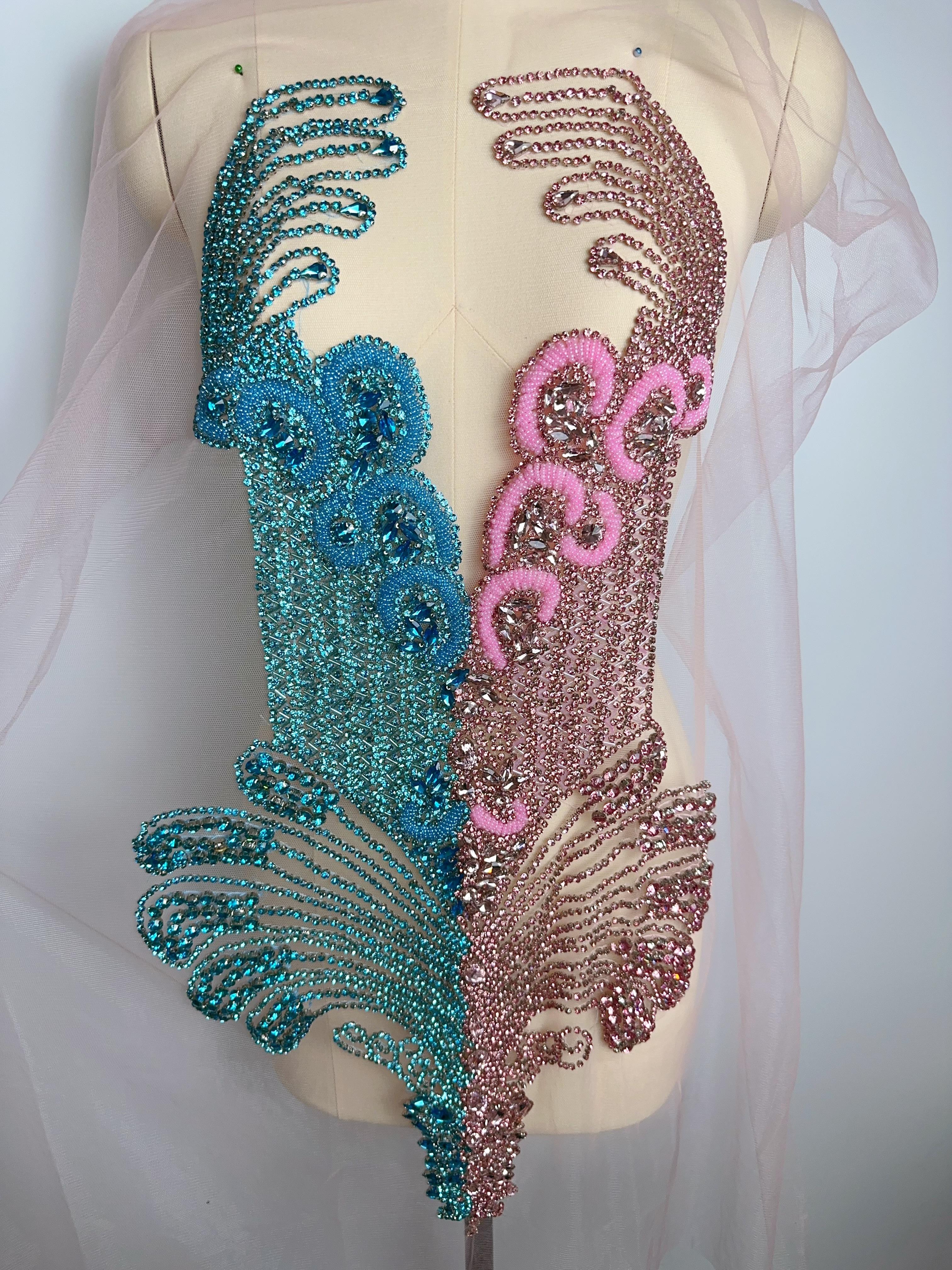 Handmade Sew on Rhinestone Bodice Patches Appliques Sew on for Wedding Party 60CM