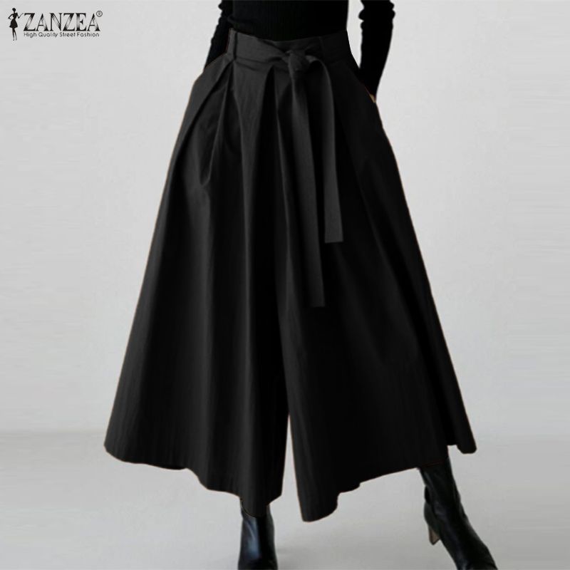 ZANZEA Women Casual Elastic Waist Solid Color Loose Wide Leg Capris Pants