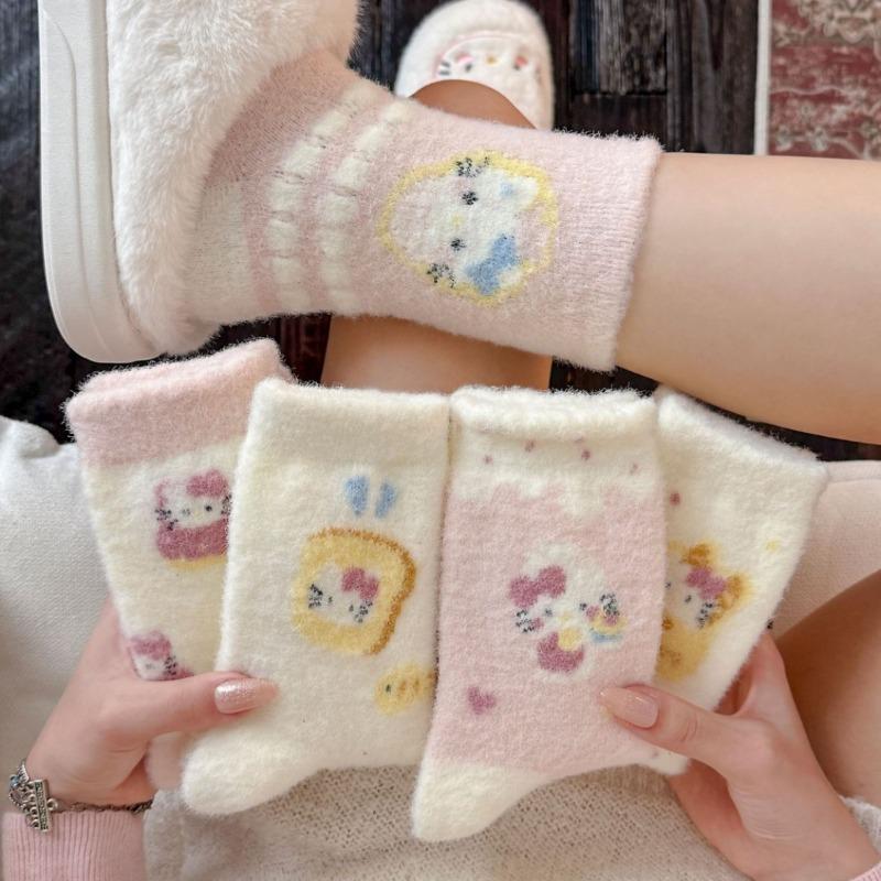 Autumn and winter thickened warm home floor socks plush cute girl sleep socks cartoon pink medium tube socks children
