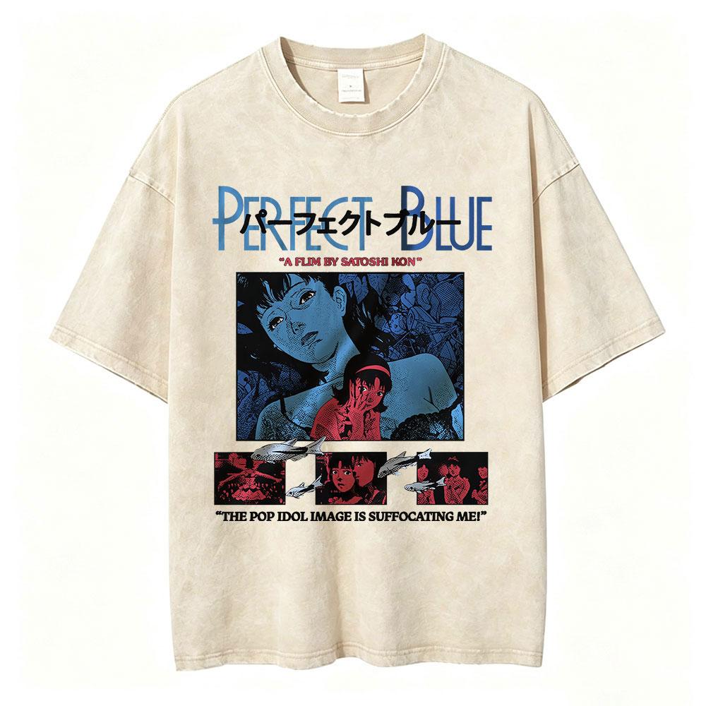 Vintage Washed Anime Perfect Blue A Satoshi Kon Film Mima Kirigoe TShirts Mens Women Fashion Oversized Short Sleeve T Shirts