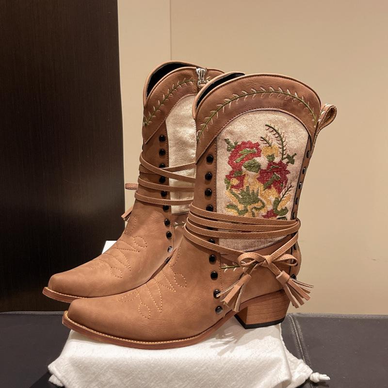 European and American style autumn fringed thick heel color matching pointed head medium tube large size leather boots