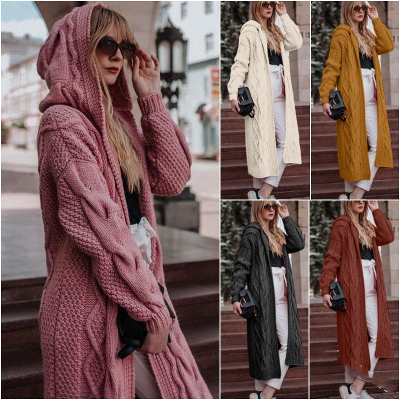 Pull Cardigan pour Femme Nouveau Style Couleur Unie à Capuche Long Ample Tricot Torsadé Vêtements Femme
