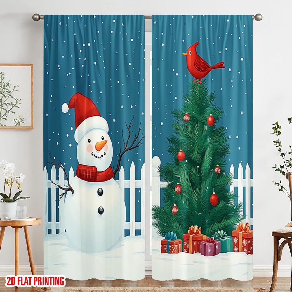 2pcs,2D Plane Printing Minimalist Curtains Cute Snowman Cardinal Christmas Tree Versatile Polyester (without Rod) Gifts Use for
