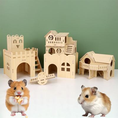 Maison de Hamster Amusante Bricolage en Bois Cachette pour Gerbille Jouets de Sport et d'Exercice pour Animaux de Compagnie Pont Balançoire Chinchilla Bascule Petite Villa Accessoires de Cage
