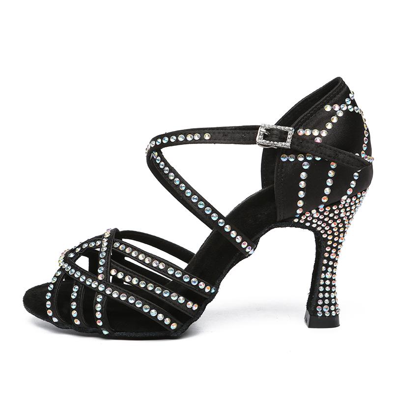Women Latin Dance Shoes Charm Girl Tango Ballroom Sandal Salsa Samba Rhinestone Pearl Party Heeled