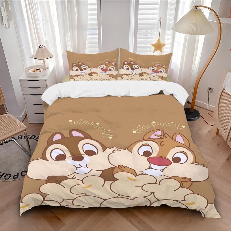 3pcs Chip 'n' Dale Printed Bedding Set, Breathable And Soft, Machine Washable, Christmas Gift, Suitable for Bedroom Decoration, 081