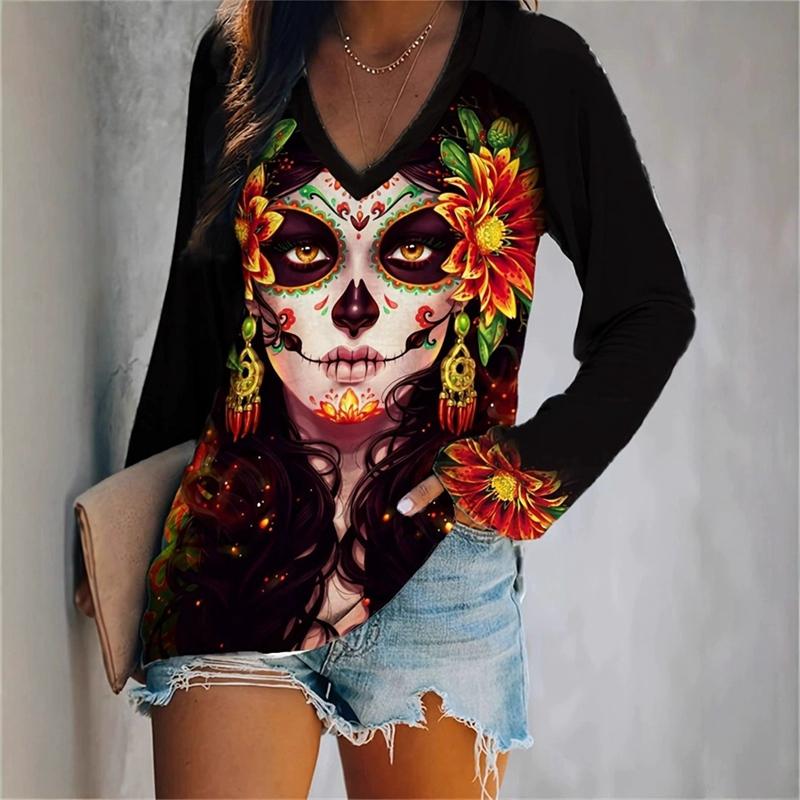 

Женский креативный Хэллоуинский топ-футболка с V-образным вырезом и принтом 2XL