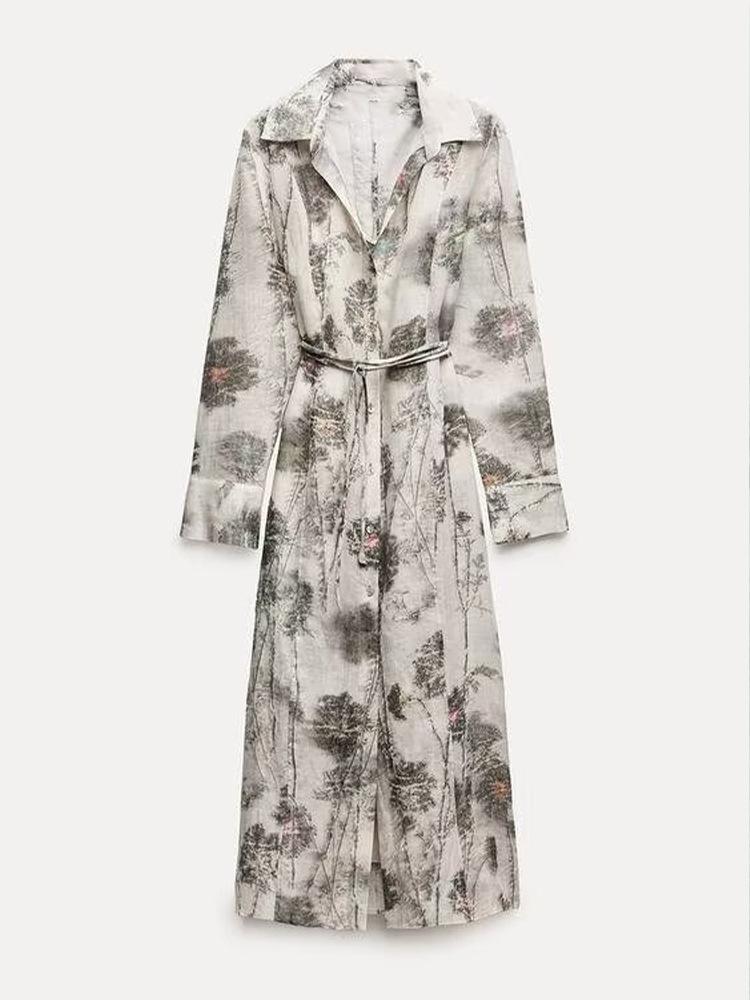 

Летнее женское платье из двух частей с принтом и поясом, новинка 2024, повседневное платье-рубашка со средним отложным воротником XS бежевый