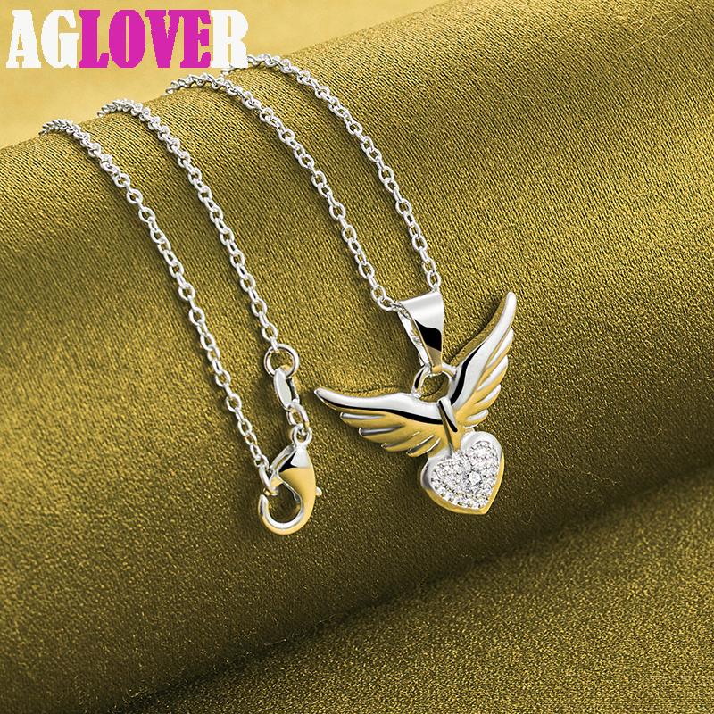 925 Sterling Silver AAA Zircon Love Heart Wings Pendant Necklace Jewelry
