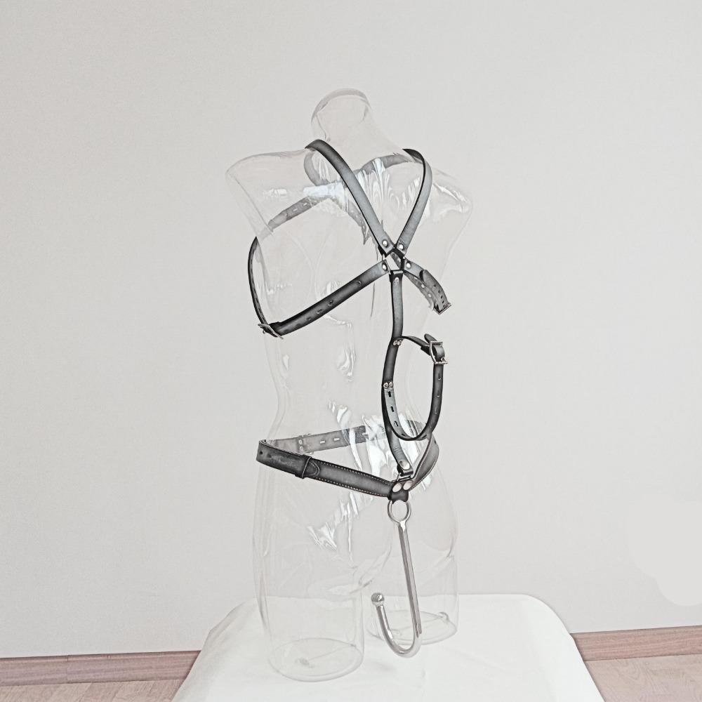 Female Bondage Harness Body Adjustable Leather Belt with Plug Hook Restraints Metal Butt Plug Sex Toy Body Harness