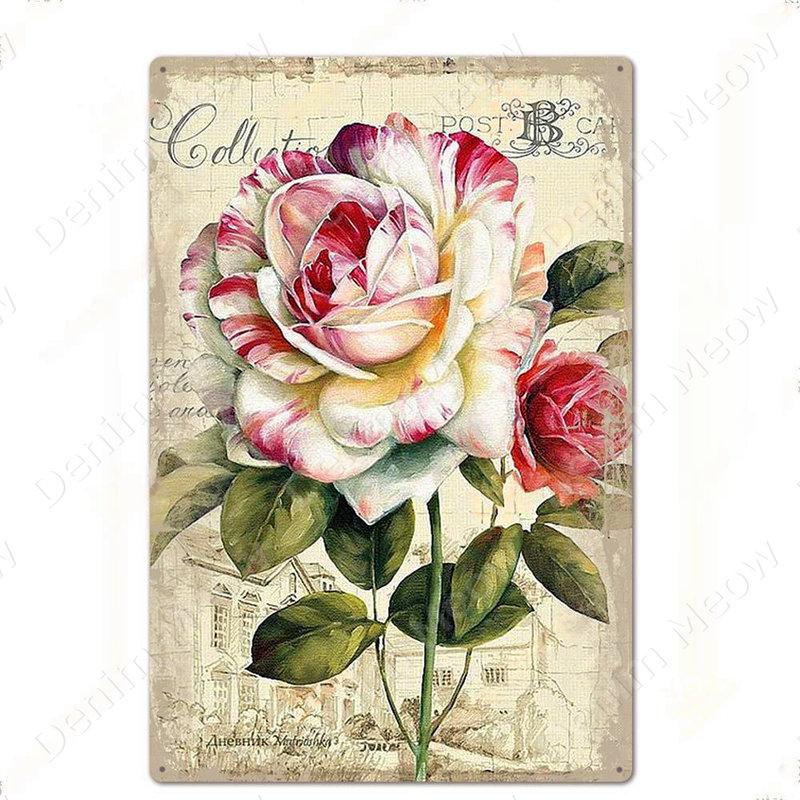 Blumen Retro Metallschild für Hinterhof Schlafzimmer Dekorationen, Rosen Wandkunst Poster, Lavendel Vintage Blechschild, Liebesgeschenk für Frau