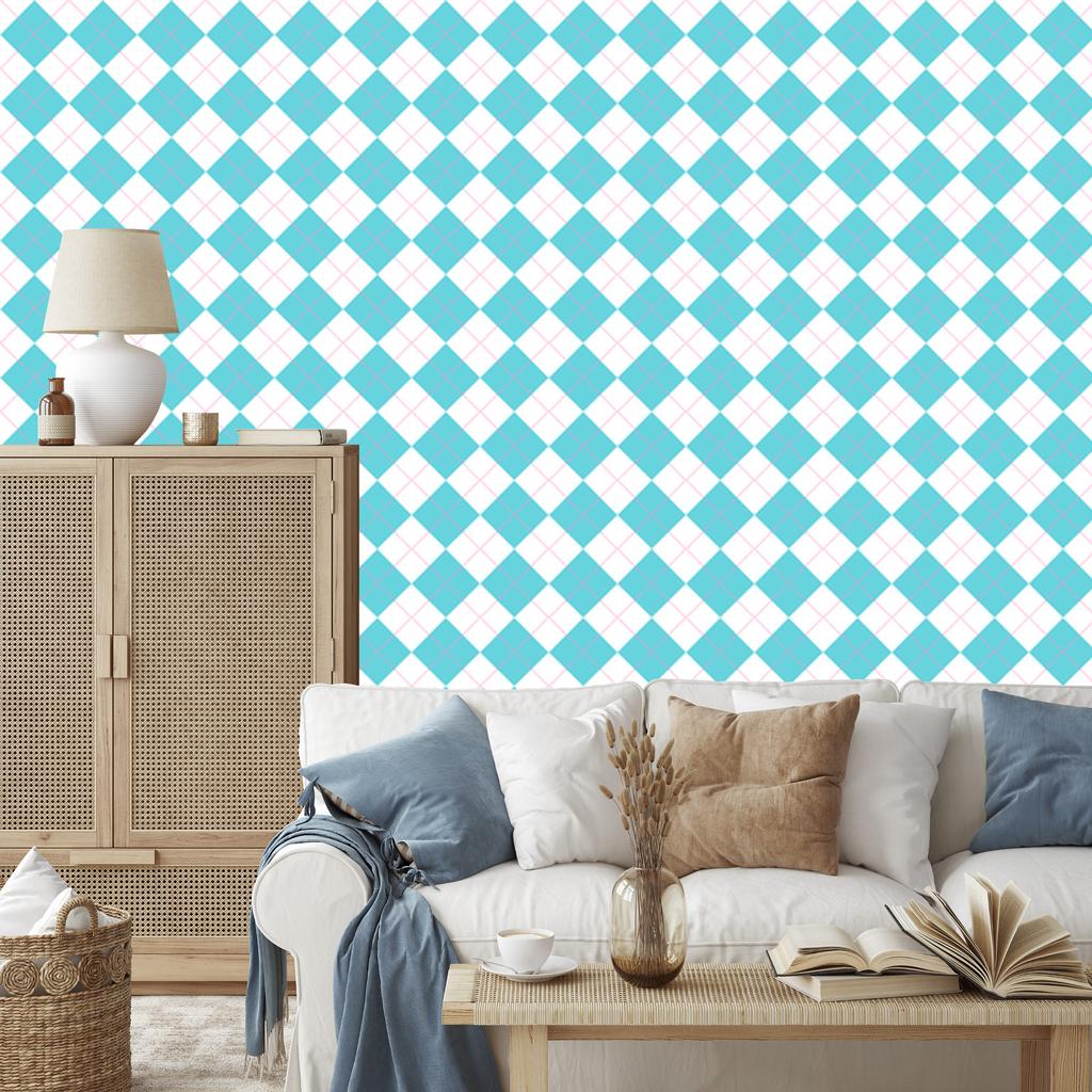 Pink and Blue Checkered Wallpaper, Celadon and White, 50x1000