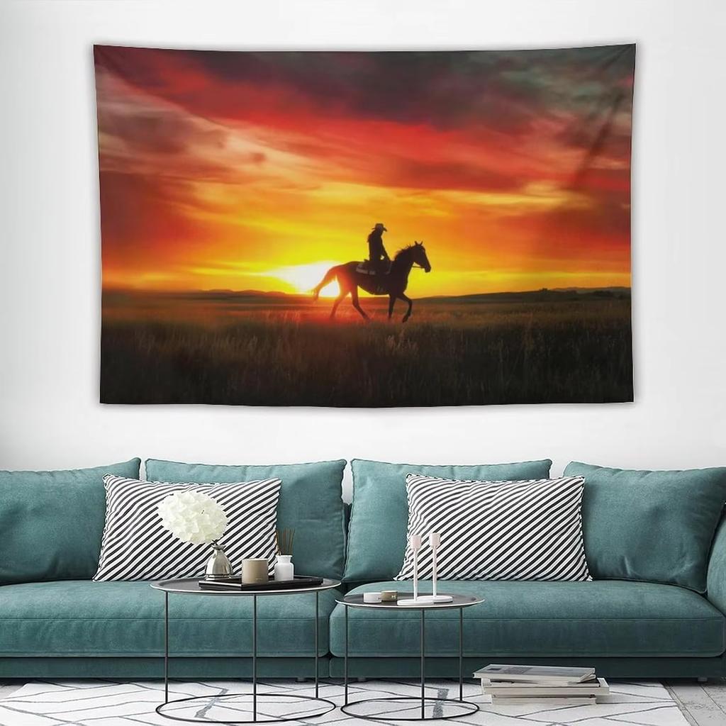 Motivierende Cowboy-Pferd-Sonnenuntergangs-Landschaft Wandteppich Große Wandkunst Kulisse Fahne Wandbehang Dekor für Wohnzimmer Bett