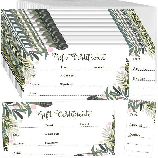 Nuanchu 100 шт. Подарочные сертификаты для бизнеса 4,7 x 2,4 дюйма Подарочные сертификаты с конвертами Пустые карточки с полем для имени и адреса Ваучер для спа-салона Green Leaf