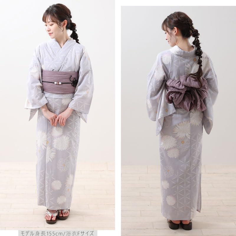 Hiroba Yukata Yukata 3 Piece Greige and White Chrysanthemum High School Yukata One Size Fits Fireworks Summer [Kimono Yu] Set, Women's Set, Yukata,