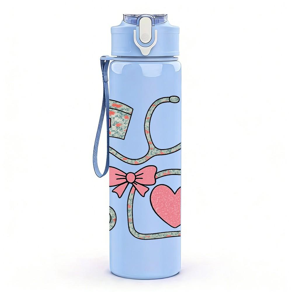 1PC Nurse Stethoscope Bow Heart 750ml Color Plastic Sports Water Bottle Leakproof Flip Straw Lid Suitable for Sports Office Home Use