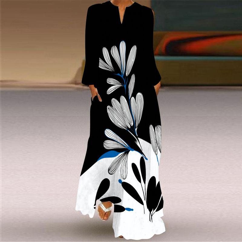 2025 Spring and Summer Fashion New Women's Retro Butterfly Print Long Dress Chiffon V Neck Long Sleeves Pocket Dress