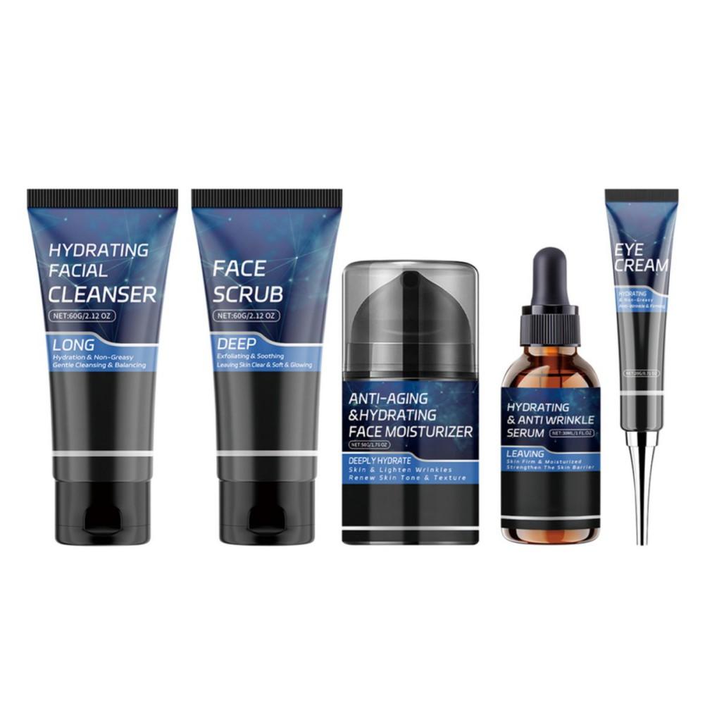 Herren Hautpflege Set Feuchtigkeitsspendender Gesichtsreiniger/Gesichtspeeling/Anti-Aging Gesichtsfeuchtigkeitspflege/Anti-Falten Serum/Augencreme 5 Stück