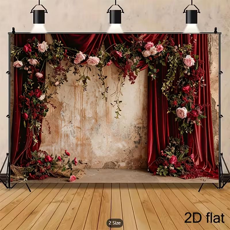 2D Rustic Boho Red Flower Curtain Bridal Shower Engagement Photography Backdrop Decor