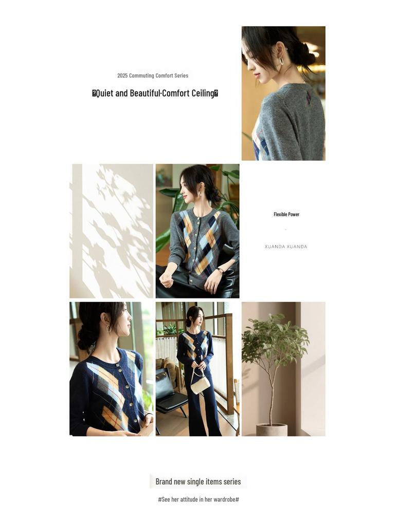 Cardigan da Donna in Cashmere Color Block Girocollo - Moda Autunno/Inverno Maglione Lavorato a Maglia a Scacchi a Rombo