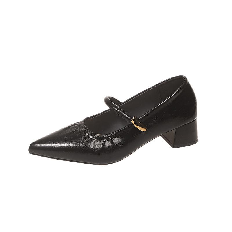 Vintage Pointed Thick Heel Brown Word with Mary Jane Shoes Women's Summer 2025 Versatile Light Mouth Professional Black High Heels