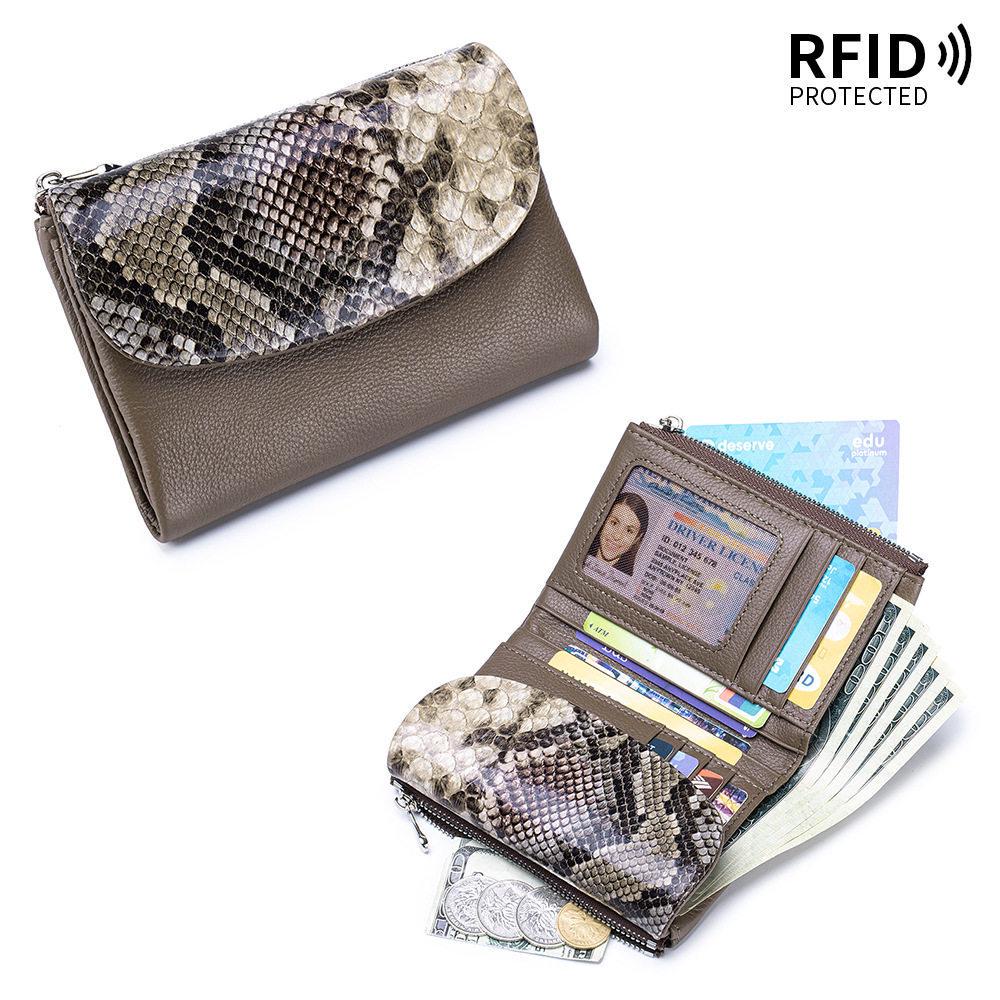 Genuine Leather Women's Trifold Wallet, Large Capacity, RFID-Blocking, Soft Snake Print Texture.