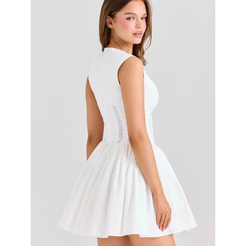 Youth Bloom House Same Style French Style White Gentle Style Sexy V-neck Lace Hollow Out Waist Hugging Short Dress