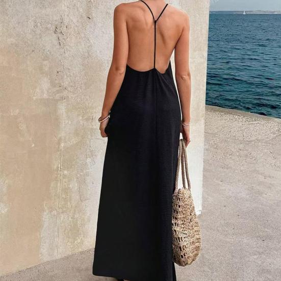 Abito Sexy da Donna Senza Schiena Scollo a V con Laccetto Senza Maniche Maxi Abito Estivo da Spiaggia Abito Lungo Ampio
