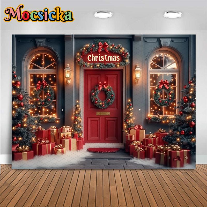 Mocsicka Christmas Photography Backgrounds Xmas Tree Decor Family Festival Party Photo Backdrops Winter Snow Door Pattern Banner