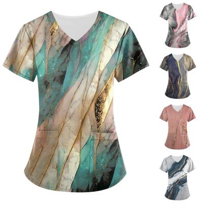 Damen bedruckte Kurzarm-Oberteile mit V-Ausschnitt, Arbeitsuniform, Taschenbluse
