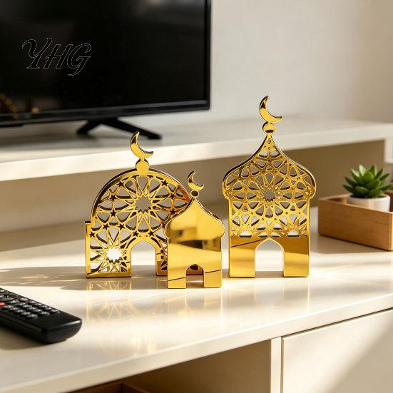 Office Desk Decoration 3PCS Ramadan Golden Castle Ornament, Hollow Mosque Design, Thick Wood And Holiday Party Supplies Acrylic Desktop Accents,