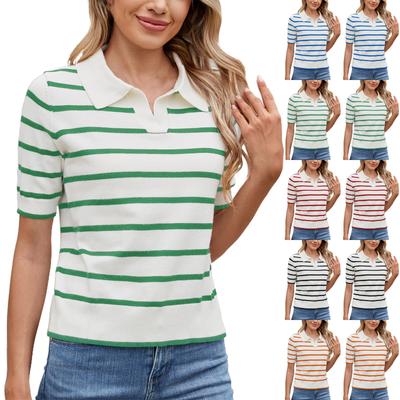 Maglione lavorato a maglia a righe casual alla moda con risvolto, maniche corte per le donne