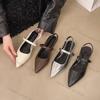 Fashion 2025 New Women Baotou Patent Leather One Line Buckle Strap Cat Heel Sandals Female Sexy Black Silk Pointed Thin Heel Flat Shoes