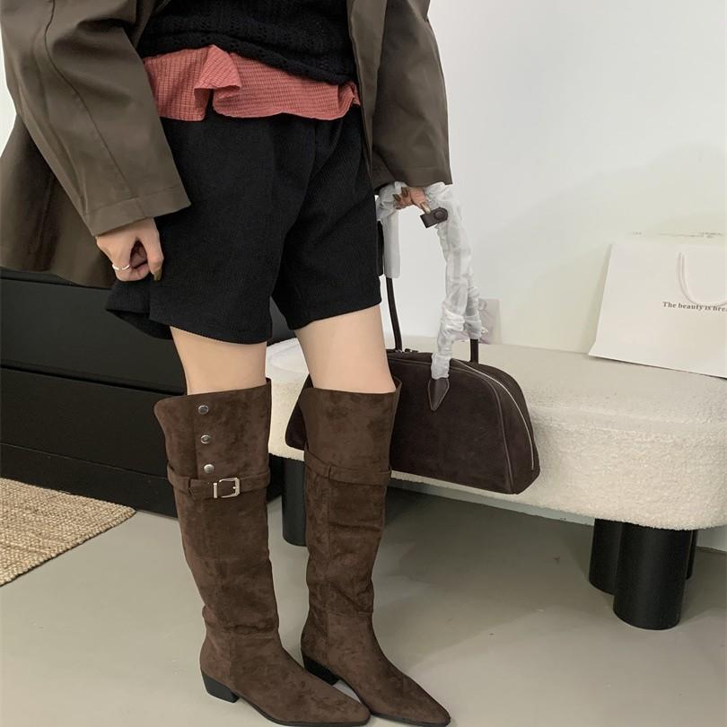 European and American style suede pointed thick heel over the knee boots women's autumn 2025 new belt buckle versatile and thin high boots