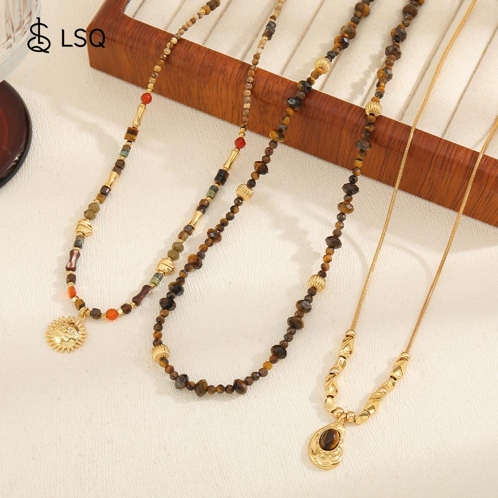 Vintage Maillard Wind Natural Stone Handmade Beaded Necklace Design Sun Pendant Temperament Clavicle Chain