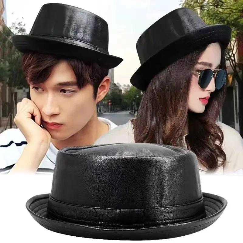 New Fashion Black PU Leather Trilby Hat – Unisex Fedora, Retro Porkpie Cap, Autumn/Winter Vintage Jazz Style, Factory Wholesale