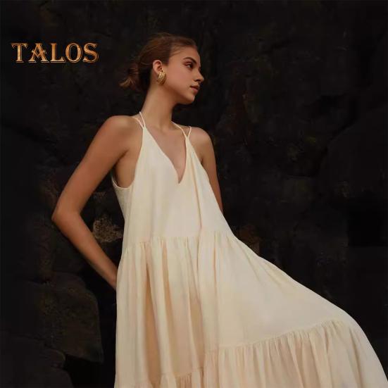 Lady Beach Dress Deep V Neck Loose A-line Patchwork Backless Sleeveless Pleated Vacation Strappy Dress Resort Wear Maxi Dress Floor Length Sundress