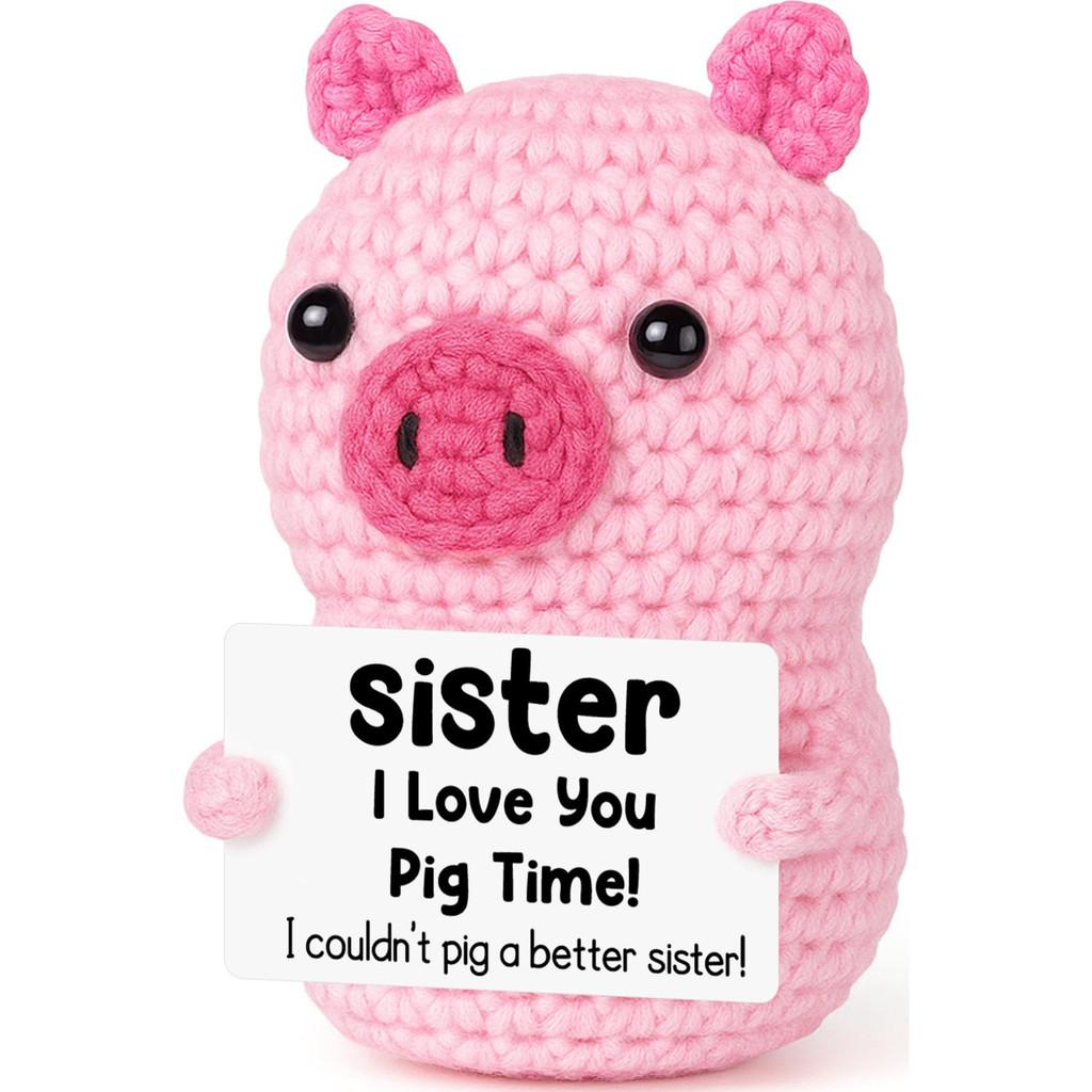 Pink Cute Pig Positive Crochet Animals Doll With Card Desktop Ornament Emotional Support Handmade Knitted Cheer Up Toy