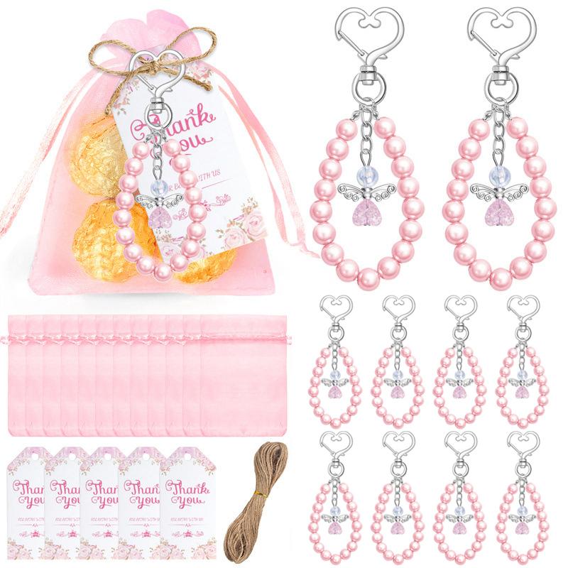

10 Sets Angel Keychains Favor, Pearl Angel Keychain Gifts Bulk Guardian Angel Pendant Keychain With Thank You Tags Organza Bag розовый