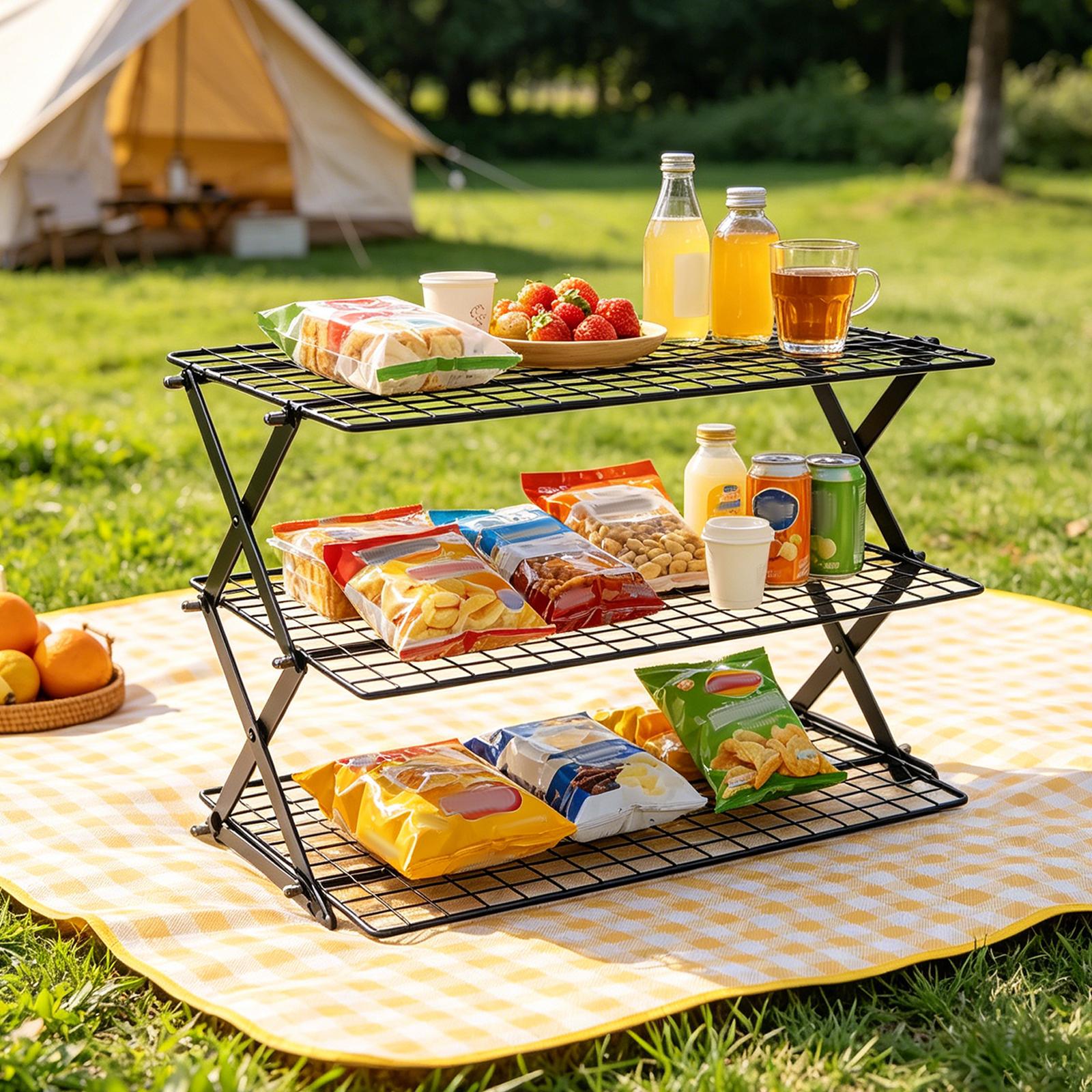 

Portable Cooling Rack Folding Wire Mesh Stackable Space Saving Grid for Baking Kitchen Storage Picnic Outdoors 3 Tier