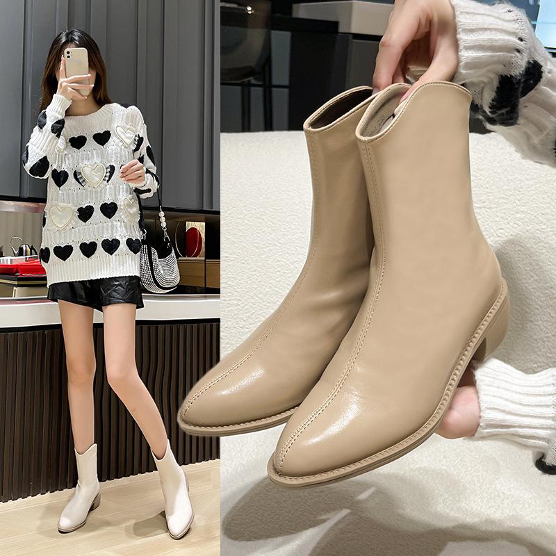 

Новые короткие ботинки Martin на толстой подошве для женщин, ковбойские сапоги в британском стиле с квадратным каблуком 39 бежевый